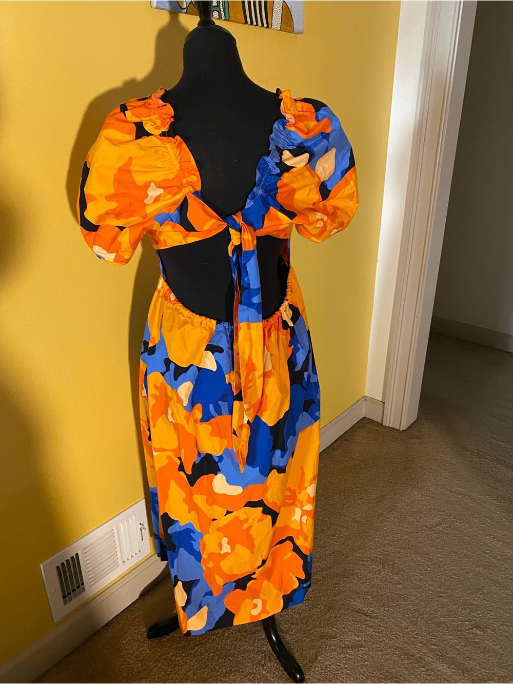 Tabitha Brown Orange & Blue Tie-Back Midi Dress
